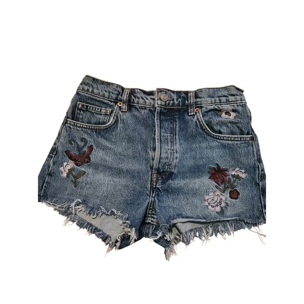 Reformation Charlie High Rise Denim Shorts 26 Fauna Floral Embroidered Cutoff